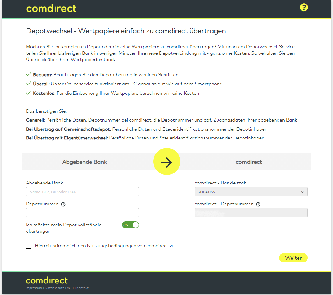 Screenshot Depotübertragung Comdirect